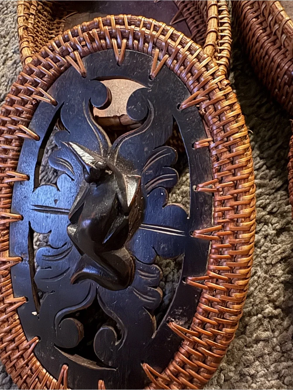 Woven Rattan Jewelry Trinket Boxes with Carved Wood Lids - Brown